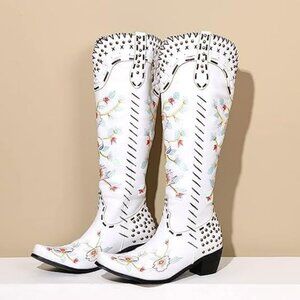 NEW Women' Embroidered Chunky Heel Cowboy Cowgirl Boots Retro Knee High Sz 37EU